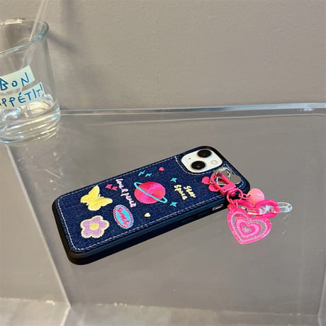刺繡 星 花 iPhone14/14proカバー  デニム素材  アイフォン13/12/11ケース  可愛い 高品質  高級感  [M2250]