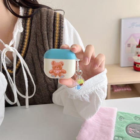 熊 Airpods 4ケース リボン柄 Airpods3/2カバー Airpodspro2/pro リング/キノコキーチェーン めっちゃ可愛い[M4999]