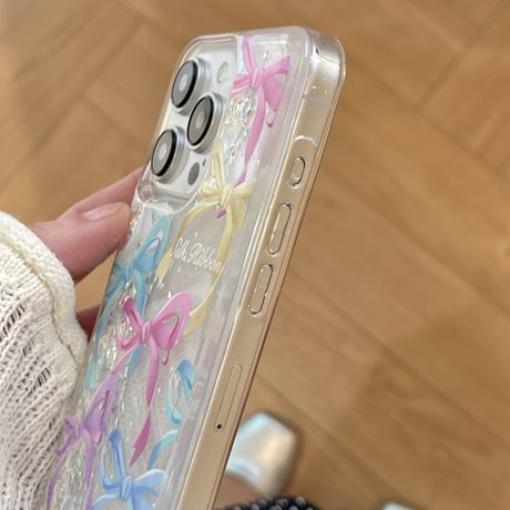 動くダイヤ iPhone15/15proケース リボン柄 iPhone14/13pro/12クリアケース かわいい女子力アップ[M4506]