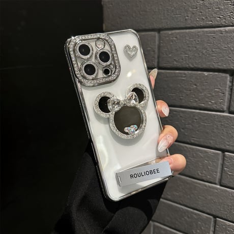 鏡付き iPhone16/16proケース スタンド付 iPhone15plus/14/13promaxカバー ジュエリーデコ 美しい かわいい [M5382]