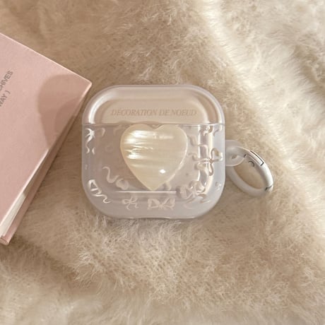 シェル風ハート Airpods Pro3ケース リボン柄 Airpods 4/3カバーケース AirpodsPro2/1  キラキラ感 オシャレホワイト [M6187]