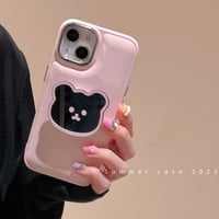 鏡付熊グリップ iphone14/13proケース  ピンクカラー アイフォン12pro/11カバー  かわいい 便利 指紋付かない ギフトにおすすめ[M3314]