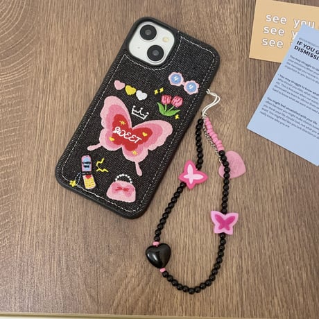 刺繡入り蝶々 iPhone15/14proケース デニム素材 iPhone13/12proカバー ストラップ付  [M3495]