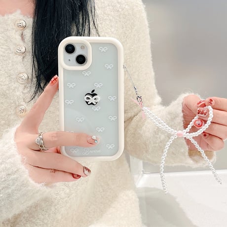 リボン柄 iPhone15/15proケース パールリボンストラップ付 アイフォン14pro/13/12カバー 高級感 女子力上がる 春夏コーデ[M4001]