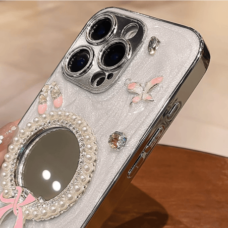 高級感 ミラー iPhone16pro/17ケース ダイヤ/パール/リボン iPhone15pro/14/13カバー オシャレ 丈夫 可愛い [M5579]