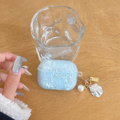 シェル柄 Airpods第四世代ケース 水色 貝殻キーホルダー Airpodspro2/proカバー Airpods第3/2世代 かわいい 女子力高い[M5086]
