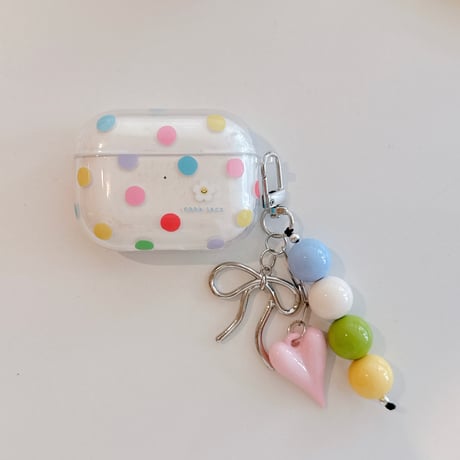 多彩水玉模様 Airpods Pro3ケース ハートリボンキーホルダ付き Airpods 4/3カバーケース AirpodsPro2/1 かわいい ギフトにおすすめ [M6401]