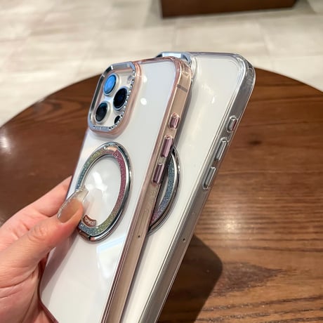 高級感 iPhone16pro/16ケース ラメ入り虹色リングスタンド iPhone15promax/14proカバー ジュエリーデコ 高透明高品質 [M5275]