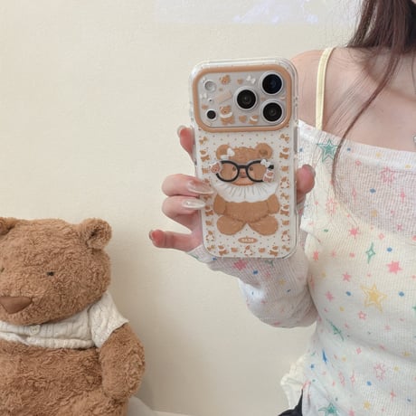 メガネクマちゃん iPhone17Pro/17ケース カメラカバー付 iPhone17Promax/16Pro/15ケース かわいい ギフトにおすすめ[M6183]