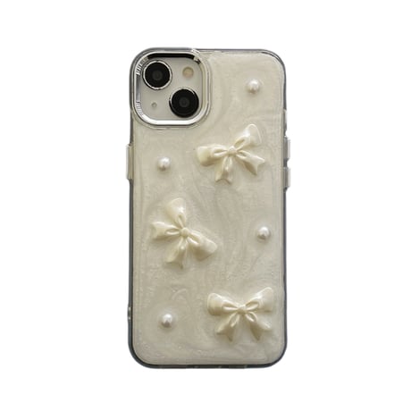 リボン/ハートデコ iPhone15pro/15ケース ホワイト iphone14/13pro/12proカバー  女子力アップ 高級感[M4353]