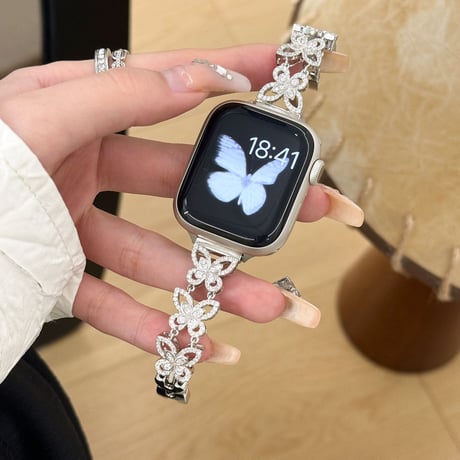 天然石ジルコン AppleWatchバンド 蝶透かし彫り AppleWatchベルト Ultra3/2/1 Series 11/10/9/8 SE3/2  高品質高級感 ブレスレット‌[M6210]