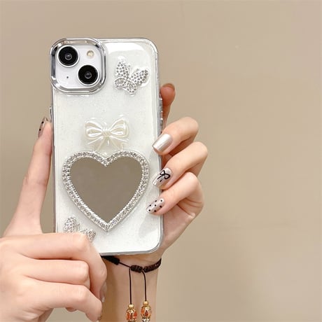 ジュエリーハート鏡 iPhone15/15pro/15plusケース リボン/蝶 iPhone14/13pro/12ケース 女子力アップ 黄ばまない[M4507]