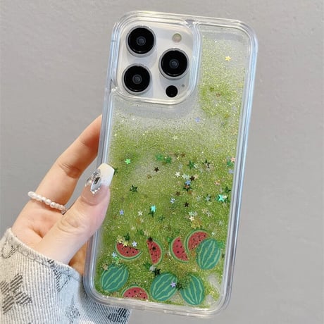 流れるグリッター/スイカ/アボカド iPhone14/13miniケース 液体 キラキラアイフォン12mini/11pro/SE3カバー 面白い お揃い 頑丈 夏に人気  [M3323]