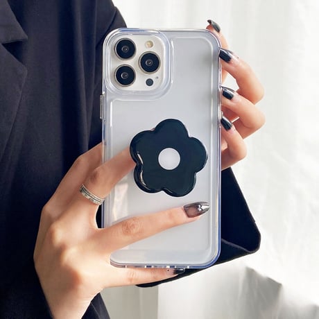 花グリップ付 iphoneSE3/13ケース   透明系  iphone12/11proカバー  スタンド機能あり  オシャレ艶あり 便利ファッション 頑丈 [M1715]