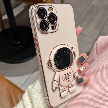 宇宙飛行士グリップ iphone14/13promaxケース ツヤ感金色枠 iphone12mini/SE3/11カバー  高級感  保護力強いソフトケース 落下防止 スタンド機能あり[M1982]
