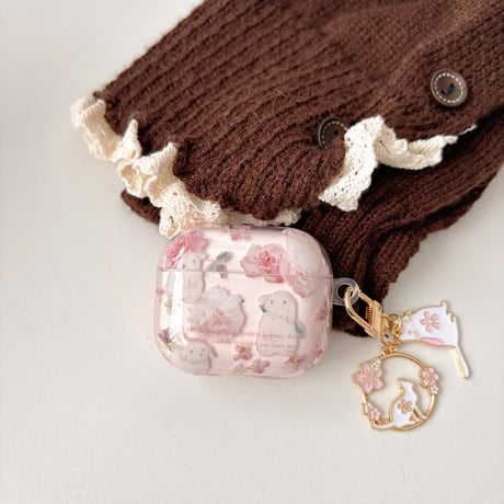 春夏におすすめ Airpods4ケース 花柄/兎  Airpods3/Pro2ケース airpodspro2カバー  キーチェーン付 女子力高い ピンク[M5146]