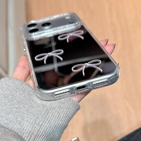 リボンミラー iPhone17Pro/17ケース お洒落 iPhone17ProMax/16/15Proカバー キラキラ感 かわいい メイク直しに便利 [M6113]