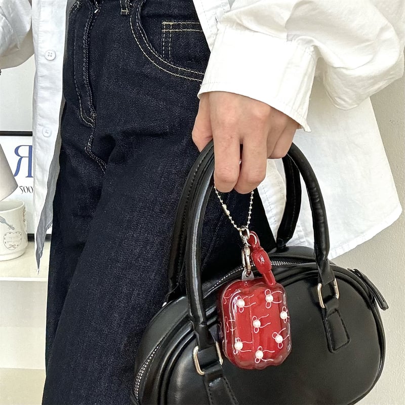 ワインレッド Airpods4ケース パールリボン Airpods3/Pro2ケース air
