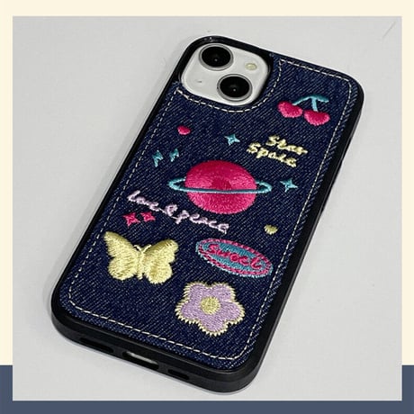刺繡 星 花 iPhone14/14proカバー  デニム素材  アイフォン13/12/11ケース  可愛い 高品質  高級感  [M2250]