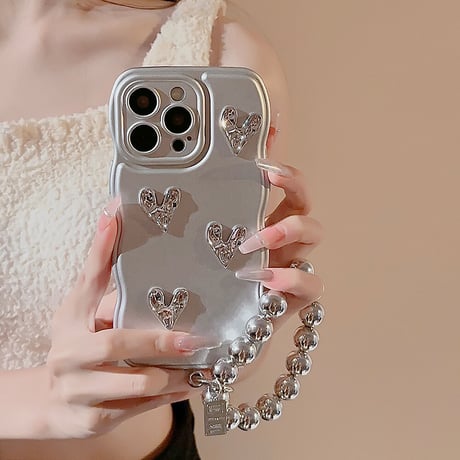 シルバー iphone14/13proケース ハートデコ 持ち手リング付 かわいい 女子力アップ[M3454]