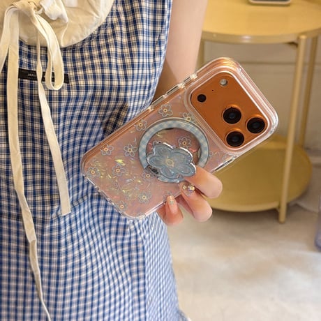 ブルー花リングスタンド iPhone17/17Proケース MagSafe対応 iPhone16Pro/15/14ケース 可愛い便利 甘めコーデ [M6434]