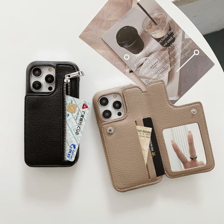 小銭/カード収納 iPhone15/14ケース 鏡付 レザー製iphone13/12/11proカバー  高品質便利 高級感 ギフトにおすすめ[M3152]