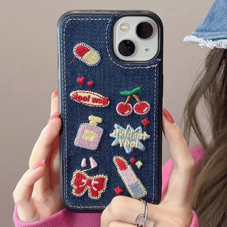 デニム Fashion Lady iPhone14/14proケース  刺繡 秋冬人気  アイフォン13/12/11カバー  高品質  高級感 女子力アップ [M2249]