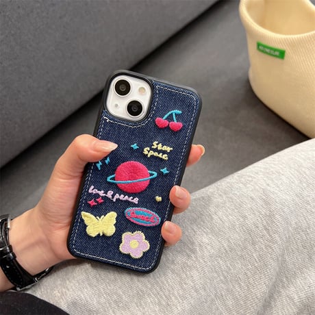 刺繡 星 花 iPhone14/14proカバー  デニム素材  アイフォン13/12/11ケース  可愛い 高品質  高級感  [M2250]