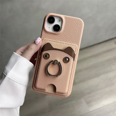 リングカード入れ付 iPhone16/16Proケース 熊 レザー アイフォン15pro/13mini/12/14カバー レザー 高品質 超便利[M4639]