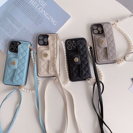iPhone15/15Proケース ショルダー カード収納 真珠 レザー iPhoneSE第3世代/14Proカバー キルティングデザイン[M3547]