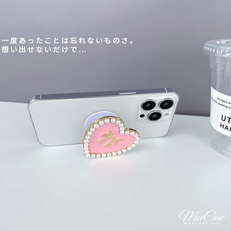 真珠リボンデコハート スマホストラップ オシャレ かわいい 卓上スタンド 使いやすい ガールズに人気 ギフトにおすすめ[M2843]
