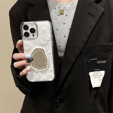 鏡付 アイフォン15/15プロ/15プラスケース 蝶/パール iPhone14/13pro/12ケース 可愛い 女子力アップ[M4496]