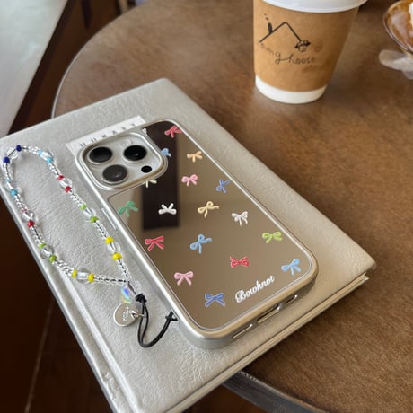 リボン ミラー iPhone16/16Proケース ストラップ付 iPhone15Pro/14/13 大人可愛い 丈夫[M4730]
