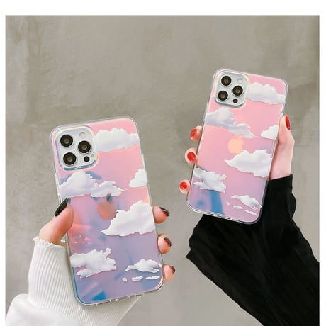 透明雲柄 iphone12/11ケース  キラキラ空柄 アイフォンSE2/XS/8カバー ツヤ感 オーロラ光るインスタ映え可愛いM423