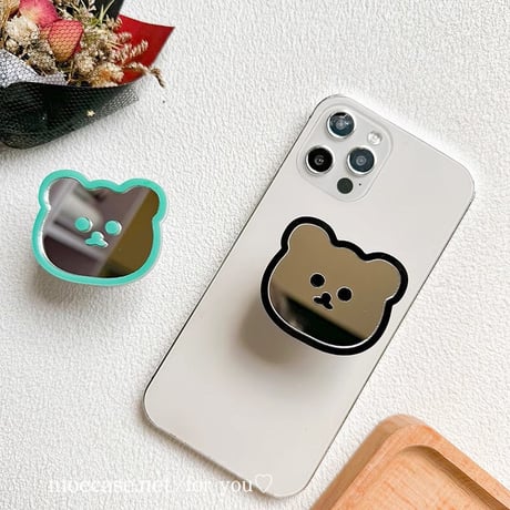 熊ちゃんミラースマホグリップ かわいい キラキラ グリップトーク  伸び縮み式 落下防止 卓上スタンド機能 ギフトにおすすめ[M3270]