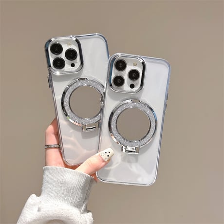 ミラースタンド付 iPhone16/15plusケース 透明 iPhone14promax/13/12proカバー シンプル ラメ入り [M4537]