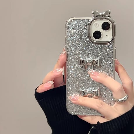 リボンデコ iPhone15/15proケース キラキラグリッター入り iPhone14/13pro/12カバー女子力アップ 可愛い[M4247]