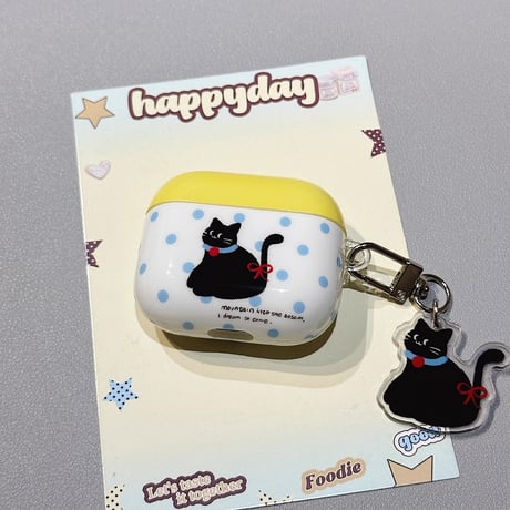 黒猫 Airpods 4ケース 水玉模様  Airpods3/Pro2ケース airpodspro2カバー  猫キーチェーン付 大人可愛い [M5208]