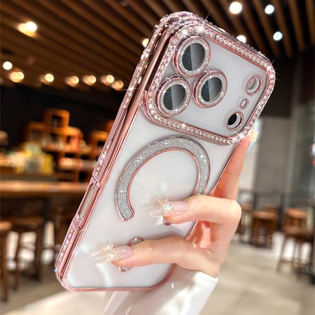 ジュエリー iPhone17Pro/17ケース Magsafe対応 iPhone17Air/17ProMaxケース レンズ保護フィルム付 キラキラライン 大人気 [M5637]