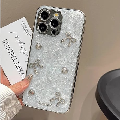 女子力アップ iPhone15Pro/15promaxカバー リボンデコアイフォン14プロ/13/12ケース きれいストラップ 2色 [M4367]