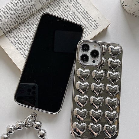 シルバー ハート iphone14/14proケース ストラップ付 アイフォン13pro/12promaxカバー  高級感 クール ギフトにおすすめ[M2341]