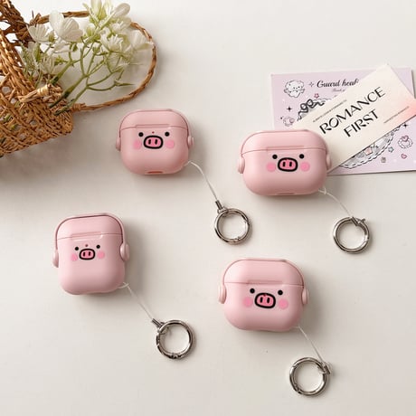 スタンド付 Airpods4カバー ピンク豚 AirpodsPro2ケース airpods3/2カバー  リング付 可愛い 頑丈人気 [M5289]