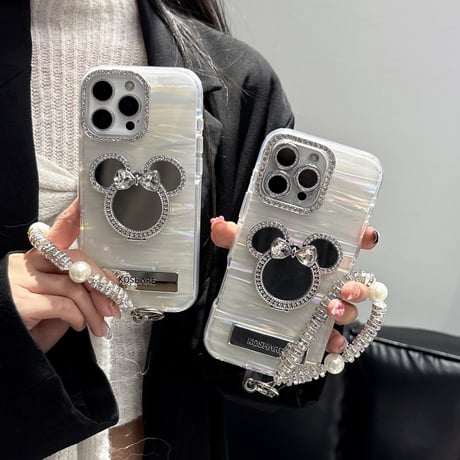 ダイヤ鏡スタンド iPhone17/17proケース シェル柄 iPhone16pro/15/14proカバー レンズカバー ストラップ 多機能高級感 [M5622]