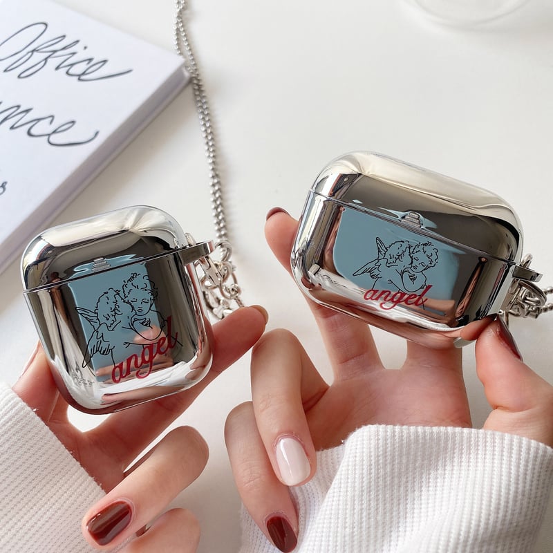 銀色鏡面天使 airpodsproケース angelキーホルダー airpods