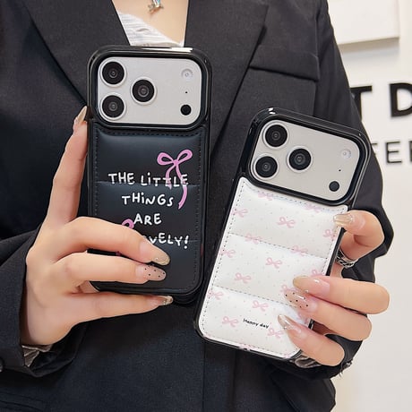 リボン柄ダウンジャケット風 iPhone17Pro/17ケース 上品 頑丈 iPhone16Pro/15カバー 冬に人気 [M5778]