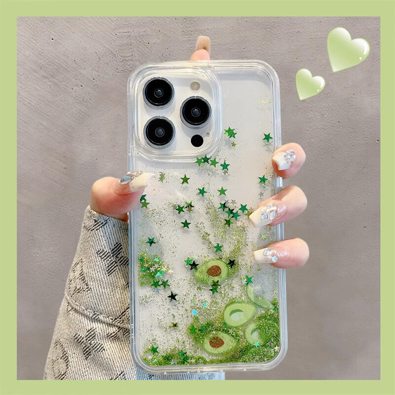 流れるグリッター/スイカ/アボカド iPhone14/13miniケース 液体