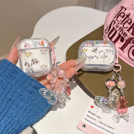 カゲロウ Airpods 4ケース 蝶キーチェーン付 かわいい Airpods3/Pro2ケース airpodsproカバー キラキララメ ギフトにおすすめ[M5226]