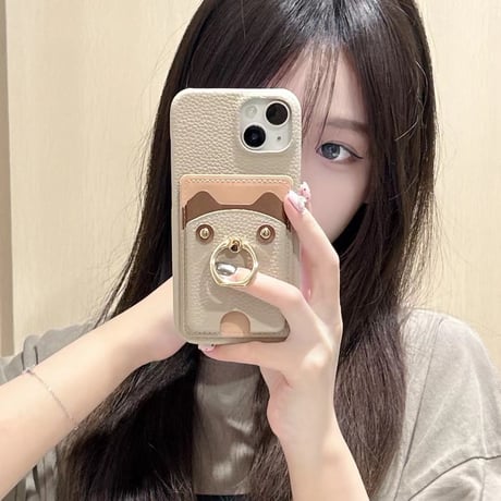 リングカード入れ付 iPhone16/16Proケース 熊 レザー アイフォン15pro/13mini/12/14カバー レザー 高品質 超便利[M4639]