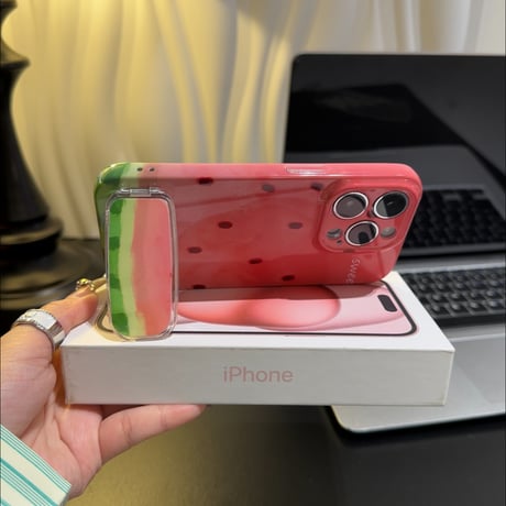 鏡付スタンド iPhone16pro/16ケース スイカ柄 iPhone15/14pro/13promaxカバー 可愛い プレゼントにおすすめ[M5525]