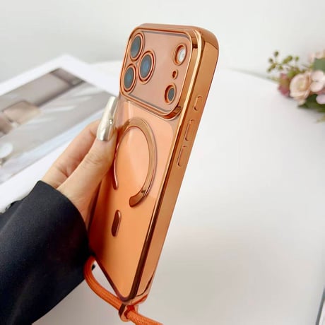 ショルダーストラップ付 iPhone17Pro/17ケース  メタルライン MagSafe対応 iPhone17ProMax/Airカバー カメラ保護 軽量 シンプル風[M5728]
